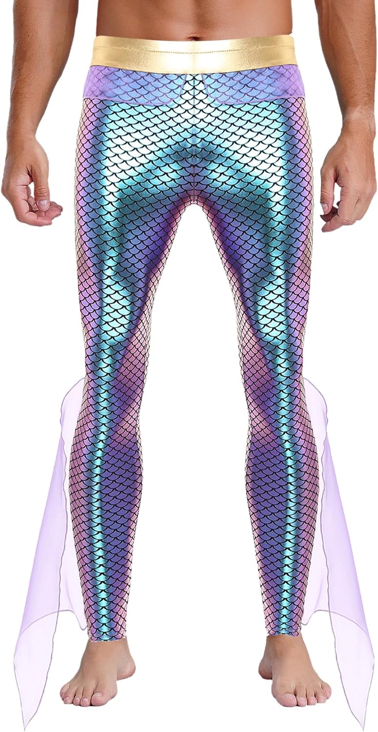 Men King of The Seas Mermaid Costume Sea God Shiny Fish Scales Print Leggings Pants