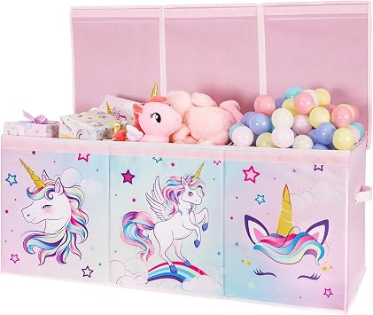 WERNNSAI Extra Large Toy Chest - Unicorn Toy Box Chest Organizer with Flip-Top Lid Collapsible Sturdy Storage Bin with Handles 38 x 13 x 16 Inch for Kids Girls Pink Closet Nursery Living Room Bedroom