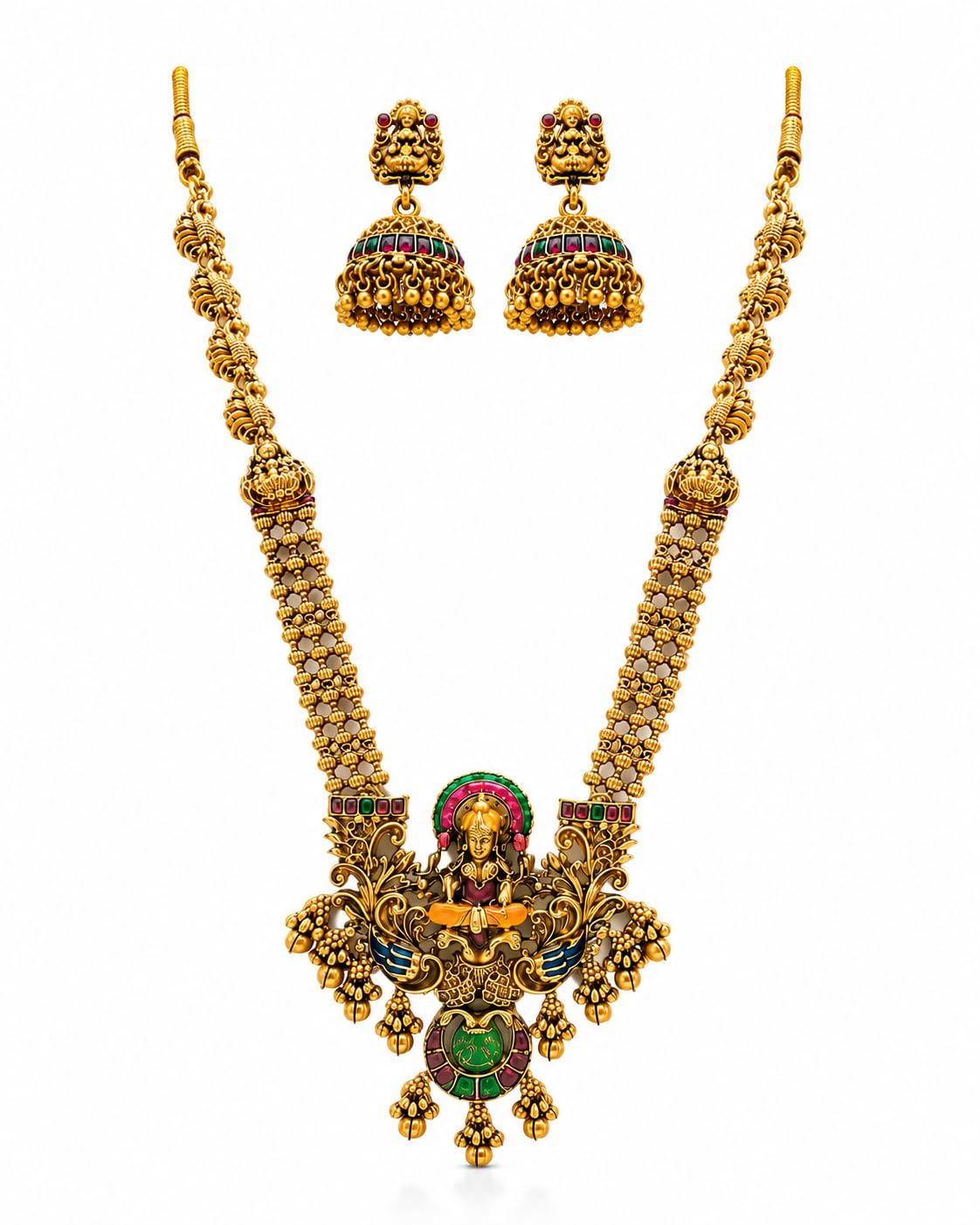 Lakshmi Temple Haram Necklace Set for Women | Antique Gold Plated South Indian Long Temple Necklace with Jhumka Earrings | Bridal Wedding Festival Ethnic Jewellery-image-46