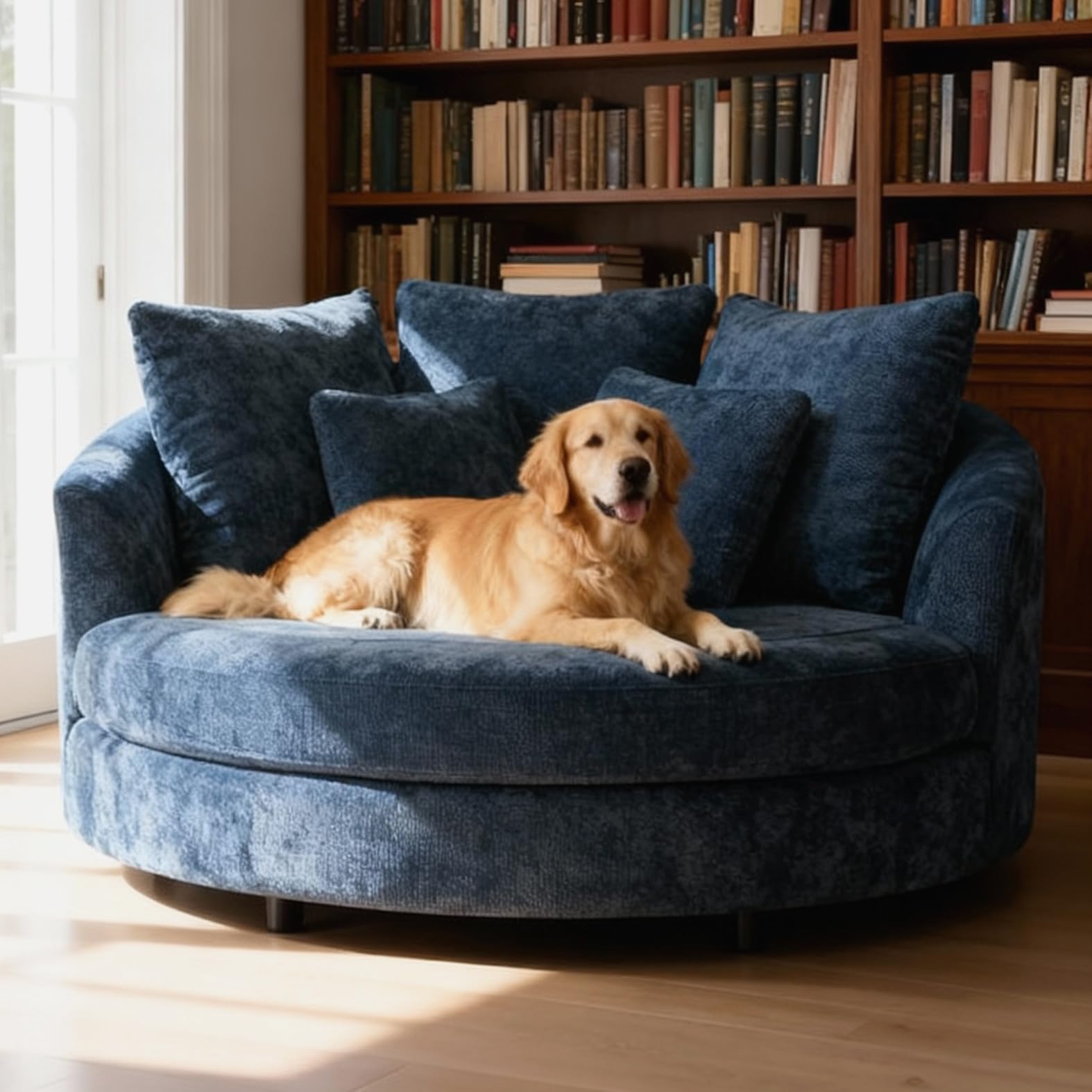 Aoiy & Wifon 59.8" W Oversized Barrel Chair, Round Accent Chair with Wheels, Extra Large Living Room Chair, Knitted Chenille, Blue