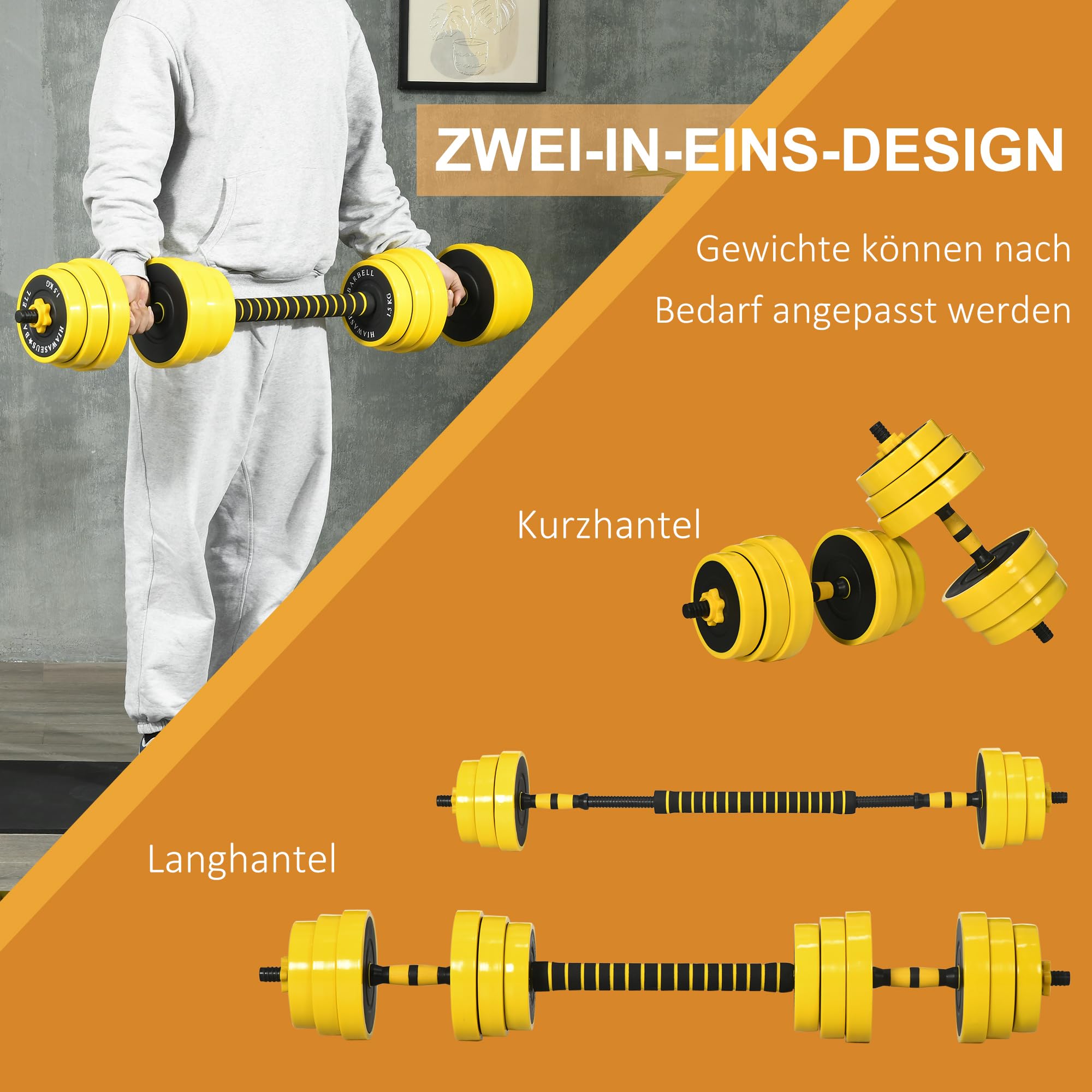 Hantle i sztanga HOMCOM 25 kg, z regulacją, ergonomiczny zestaw hantli 3 w 1, 12 obciążników, 2 × krótki drążek, 1 × długi drążek, żółty + czarny