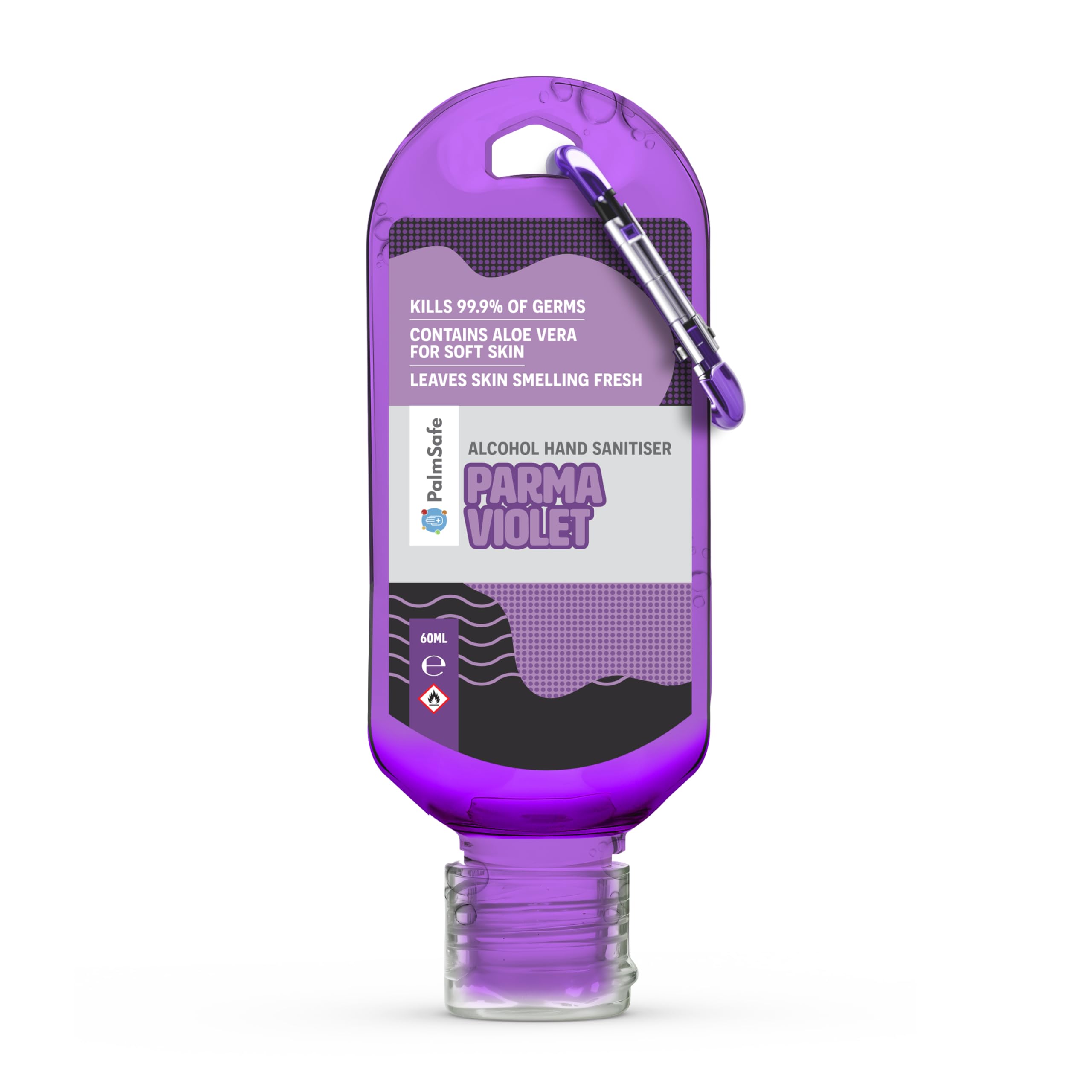 Palm Safe Parma Violet 60ml Anti Bacterial Premium Hand Sanitiser Travel Size Refillable Clip Bottle Quick Drying Non Sticky Extra Moisturising Kills 99.9% of Viruses and Bacteria