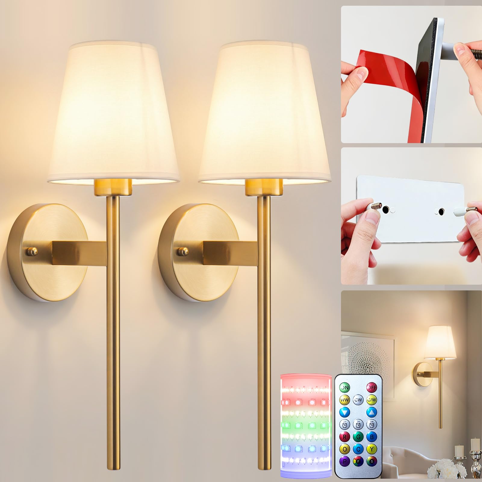 Photo 1 of Battery Operated Wall Sconces Set Of 2, Wireless Battery Wall Light With 10000mAh RGB Rechargeable Magnetic Bulb, Rechargeable Wall Sconce With Remote Control For Bedroom, No Electrician Required