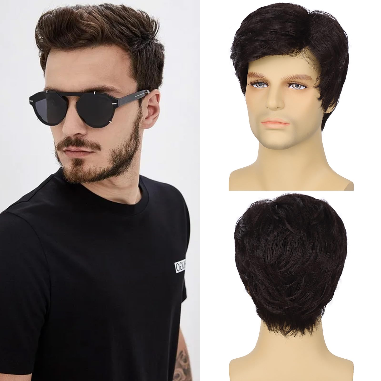 VIEWS Mens Dark Brown Wig Short Layered Wavy Synthetic Wigs for Men Male Guy Daily Party Wigs
