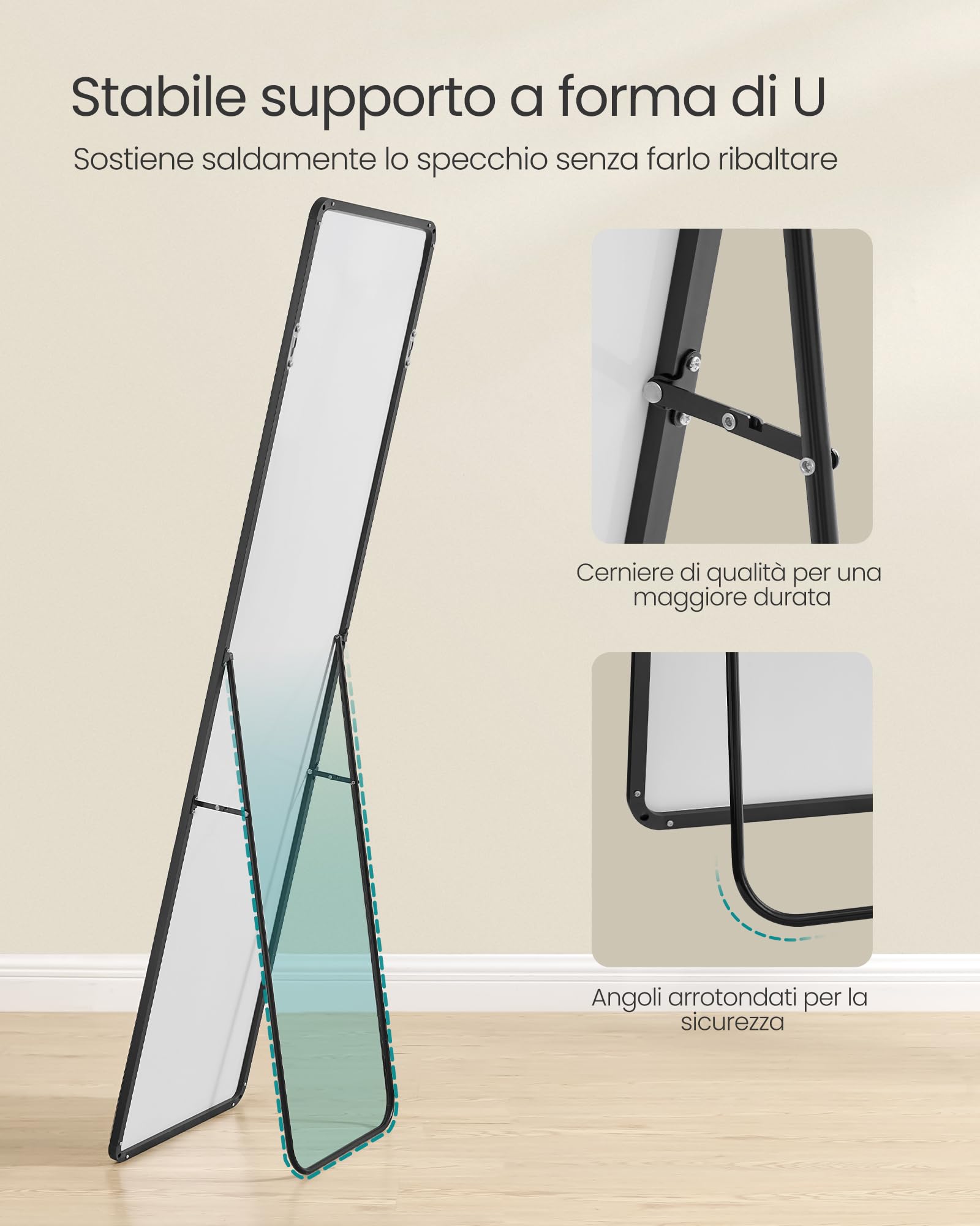 SONGMICS Specchio a Figura Intera, 160 x 50 cm, Specchio da Terra Rettangolare con Supporto, Cornice in Lega di Alluminio, Vetro Temperato, Camera da Letto Soggiorno, Nero Inchiostro LFM030B01