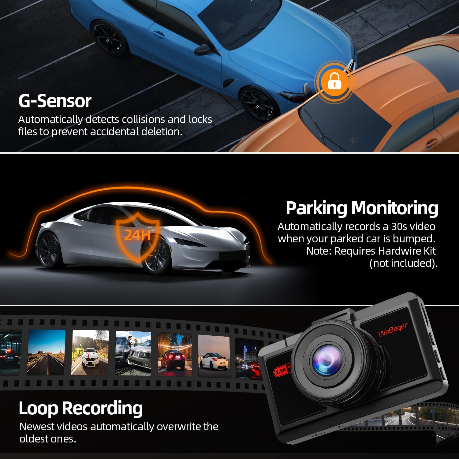 Dashcam Auto 2.5K+1080P con 64G SD Scheda