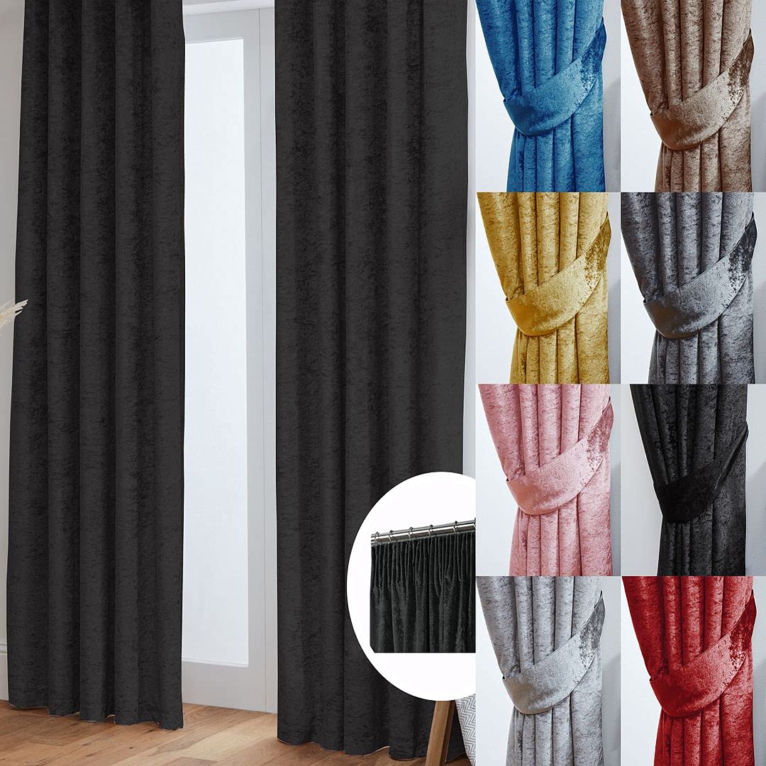 John Aird Black Crushed Velvet Fully Lined Pencil Pleat Curtains (, 66" Wide X 54" Drop)