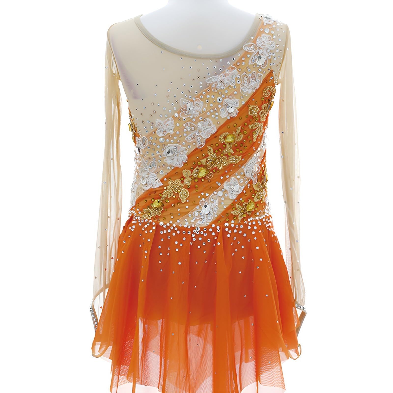 Girl's Elegant Sparkly Figure Skating Dress for Competitions, Customizable Ice Skating Dress, Team Uniforms(Medium) Orange