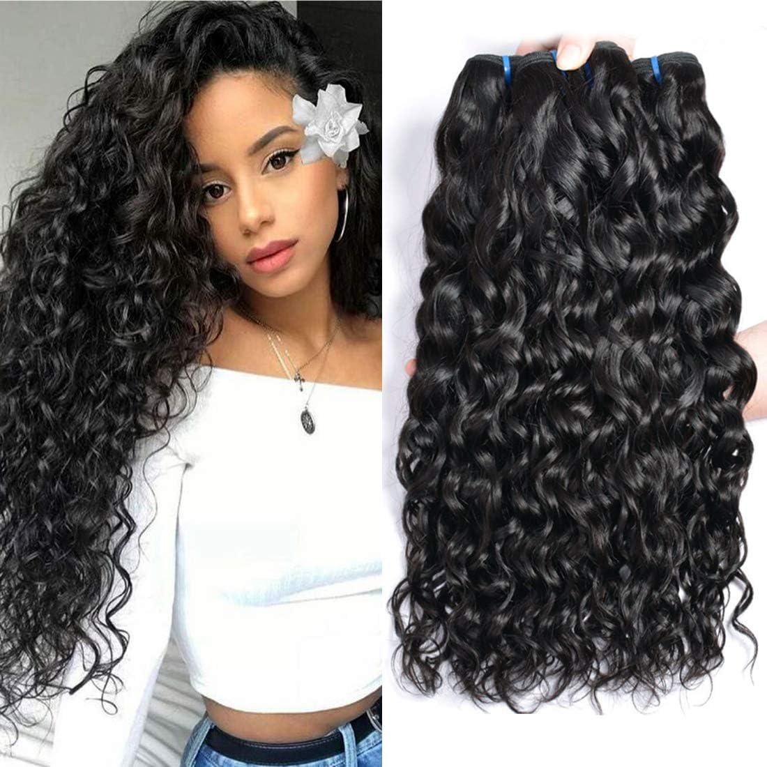 Ur Beautiful 8A Brazilian Hair 3 Bundles Water Wave Bundles Curly Hair Bundles 100% Unprocessed Wet and Wavy Curly Human Hair Bundles Natural Color Natural Color 10 12 14 Inch