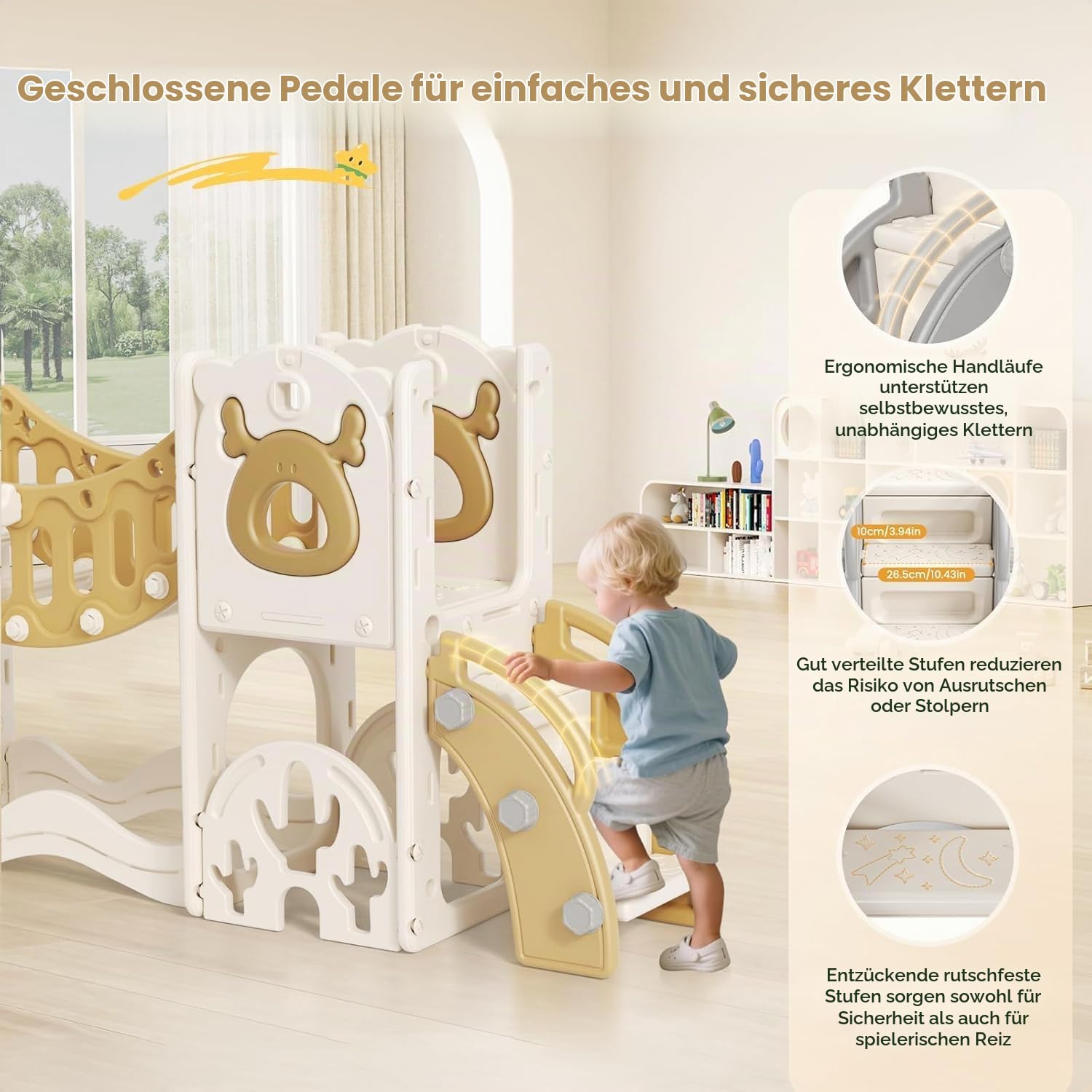 Kinderrutsche, große Kleinkind Rutsche mit Basketballkorb,Klettergerüst für den Garten, Teleskop, Stauraum, für 1-3 Jahre,extra Lange 1700 mm ((7-in-1 Elk Slide-Active-Modell (Khaki)))