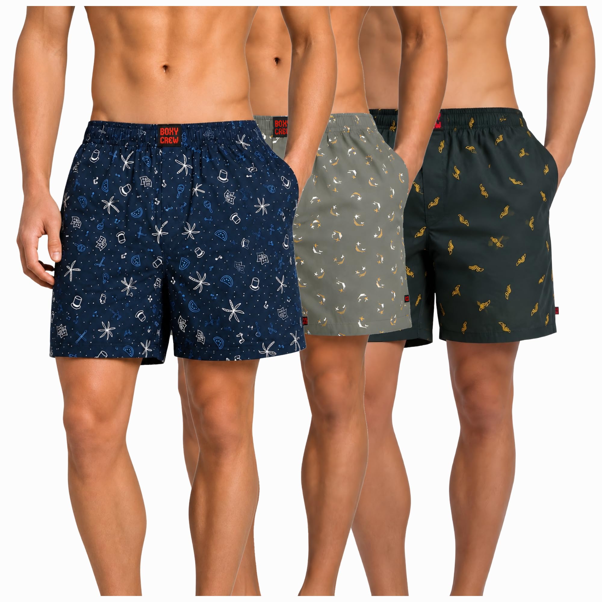 Men's 100% Cotton Boxer Shorts Pack of 3, Navy Blue, Green & Dark Teal | Woven Boxers with Side Pockets, No-Marks Elastic Waistband, Breathable Relaxed Fit | Style 007-008-010-image-47