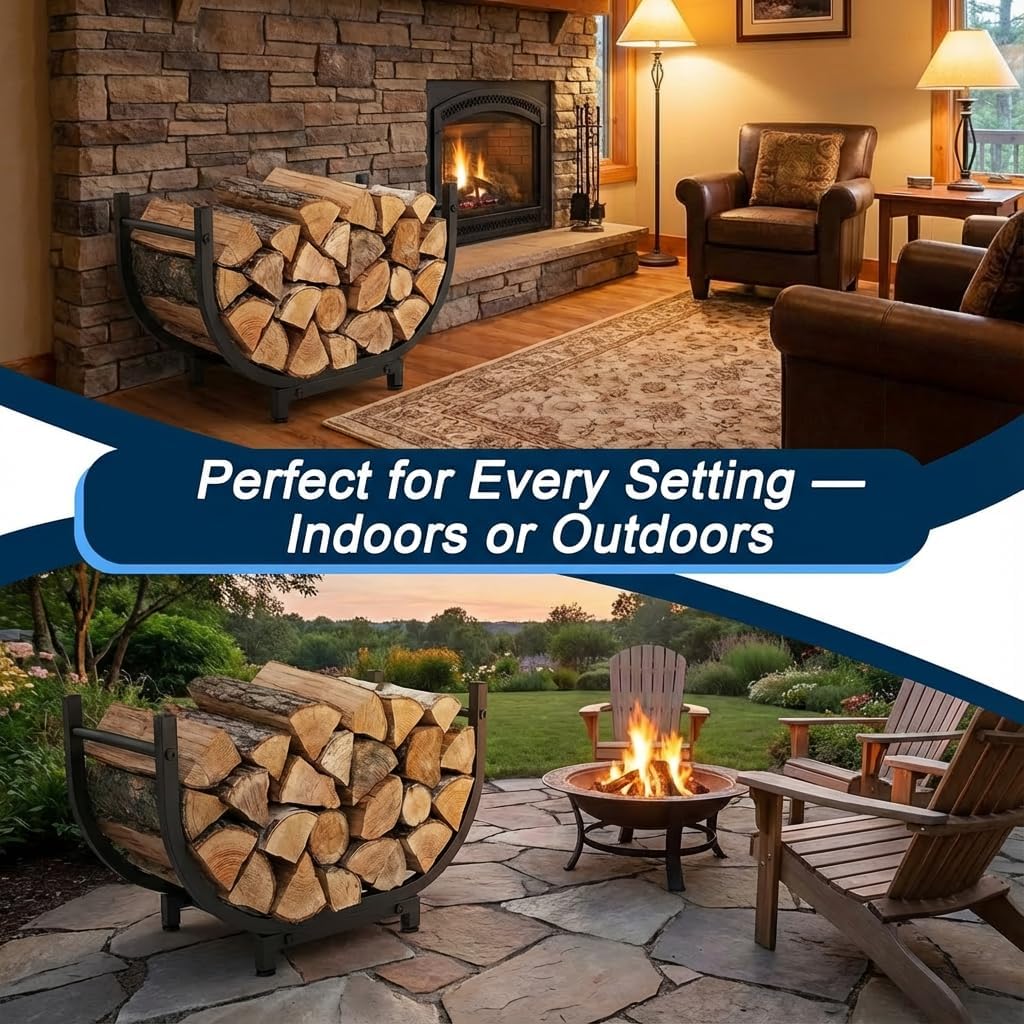 Small Firewood Rack, Indoor Outdoor Log Holder, Rustic Decorative Firewood Storage Rack, Wood Holder for Fireplace, Patio, or Backyard (black)