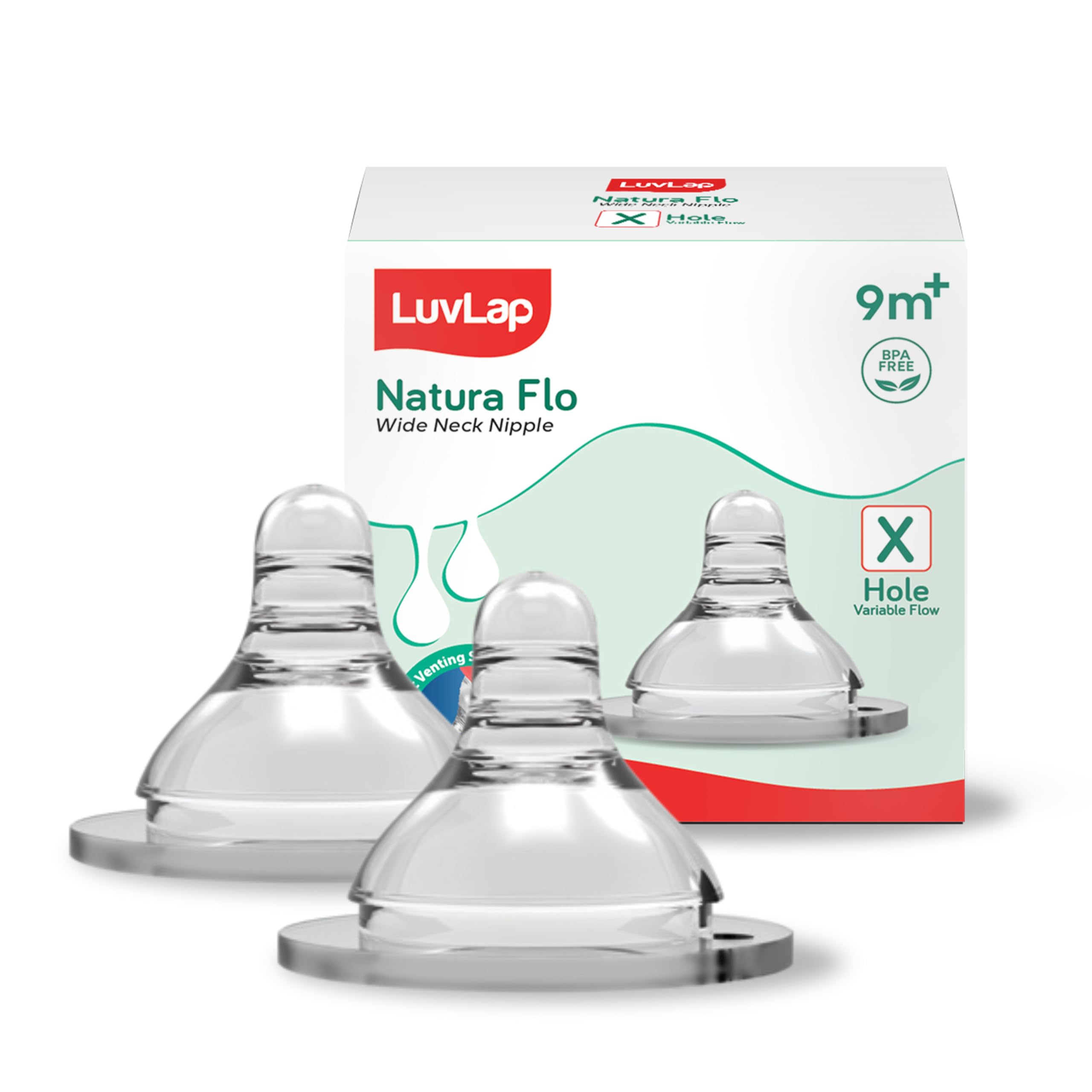 Luv Lap Anti-Colic Natura Flo Teat/Nipple for Wide Neck Bottle, 2pcs, Variable Flow, 9m+