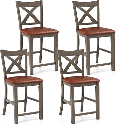 Giantex Juego de 4 taburetes de bar de 24 pulgadas, taburetes de bar de altura de mostrador de granja con reposapiés, respaldo cruzado, cómodo cojín