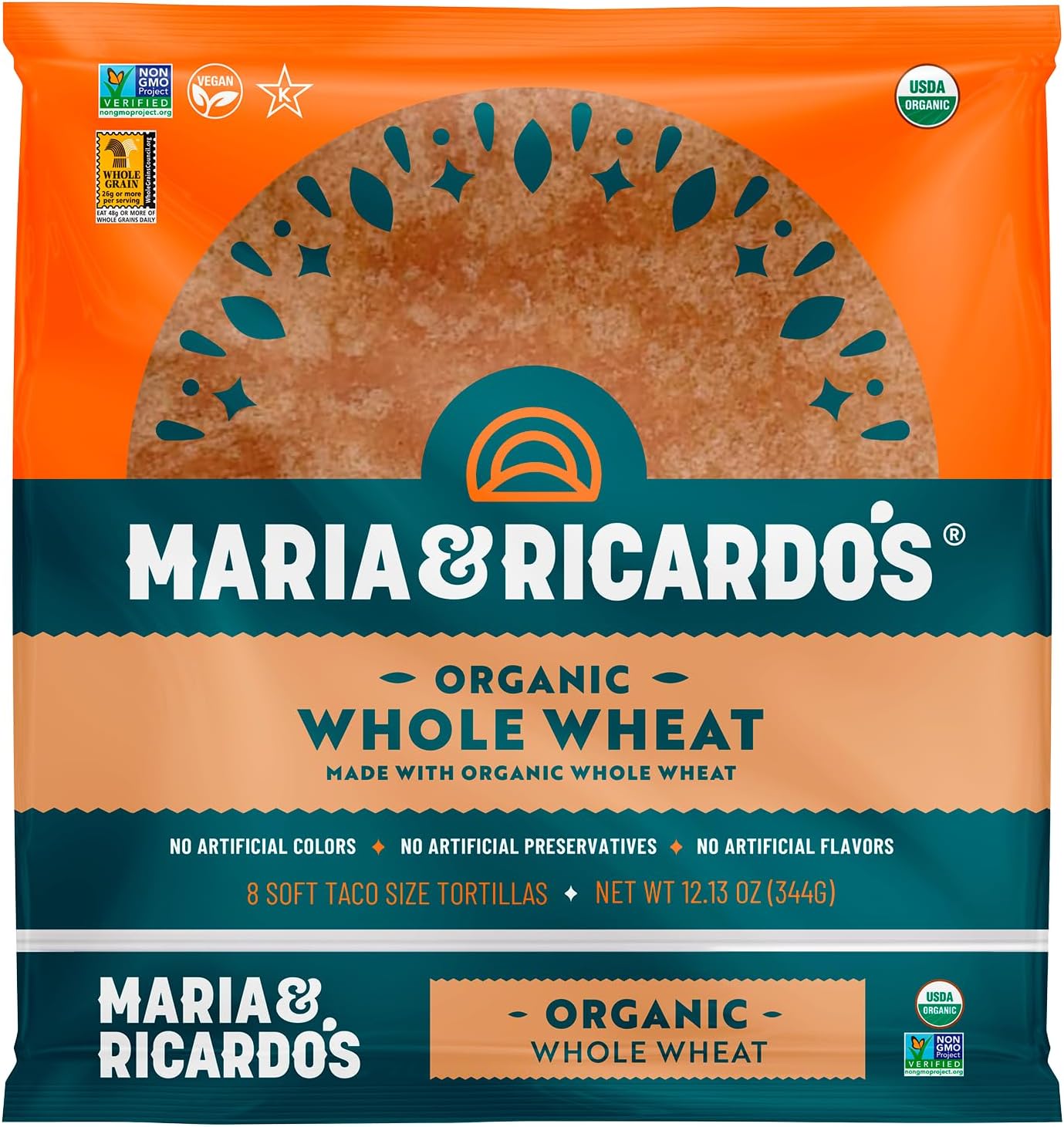 - Maria & Ricardo's Organic Whole Wheat Tortillas. (3 Pack) USDA Certified Organic, Non GMO PV, Vegan, Kosher. 8 Tortillas per Pack