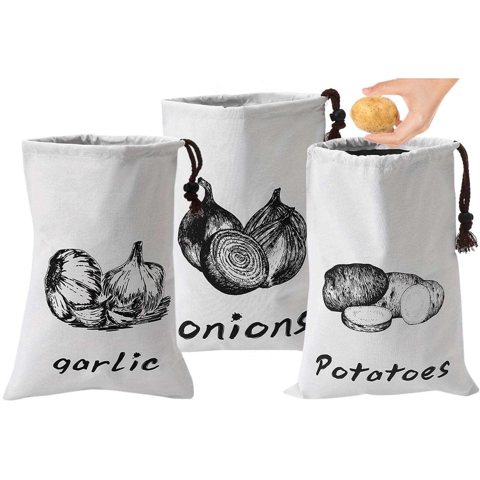 Muiltvoe Vegetable Storage Bags Set of 3,Reusable Potato Bag Onion Bag Garlic Bag,Breathable Potato Storage Bag for Onion Storage,Drawstring Cotton Bags for Food Storage Bag