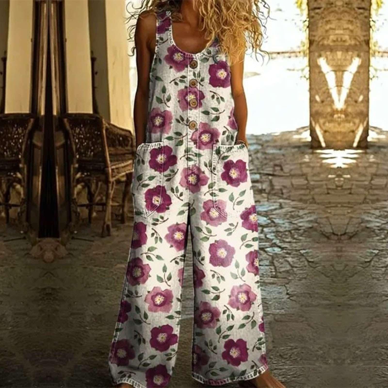 Peto Vaquero Mujer Verano Bohemio Floral Holgado Sin Mangas Overol Casual Playa