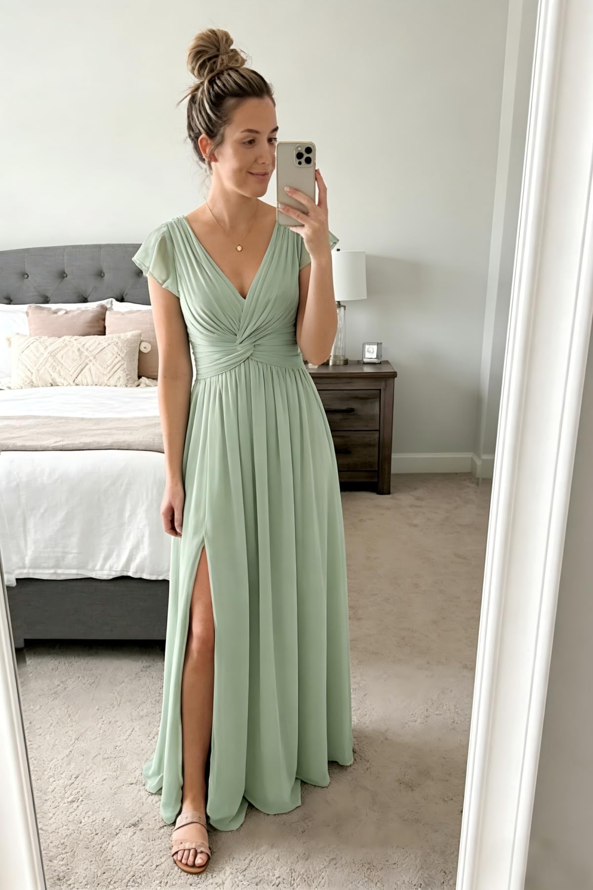 HUINI Brautjungfernkleid mit Schlitz Chiffon A-Linie V-Ausschnitt Lange Formelles Abendkleid