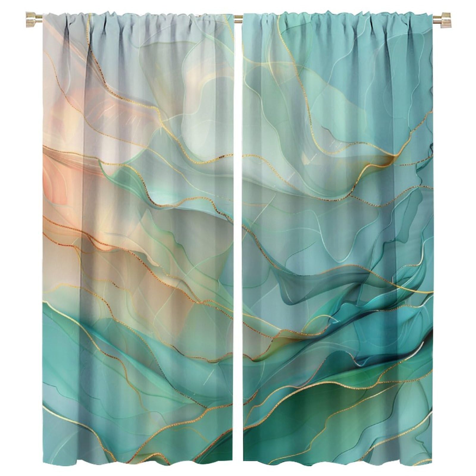 TOWINSFB Abstract Marble Texture Blackout Curtains for Living Room Bedroom, Vibrant Teal Art Deco Window Curtains Rod Pocket Thermal Insulated Window