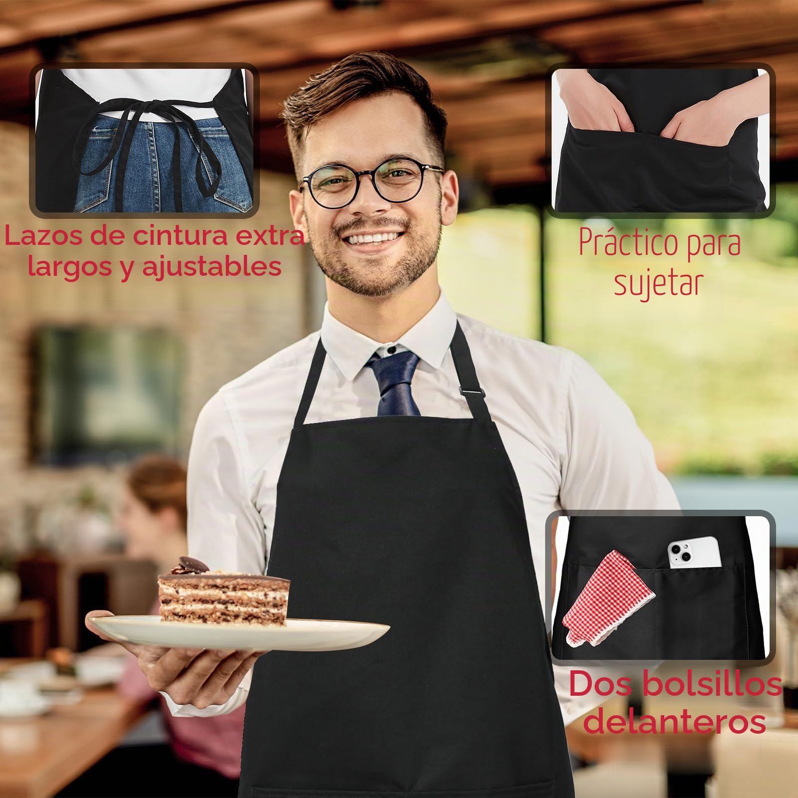 atopo 4 Piezas Chef Delantal, Negro Delantal Impermeable con 2 Bolsillos, Delantal de Cocina Ajustables para Barbacoa Cocinar Hornear Jardinería Restaurante