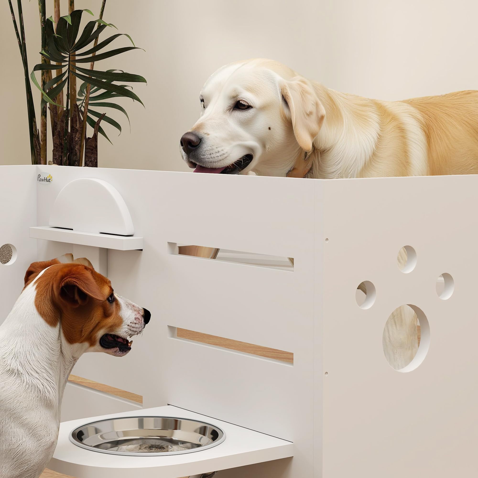 PawHut Comedero Perros Elevado 3 Alturas Ajustables para Perros Blanco | Cuencos 2x1 L, 1 Alfombrilla Antivoracidad, Comedero para Perros Pequeños Medianos y Grandes