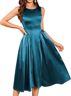 Women's Satin Cocktail Dresses for Wedding Guest, Semi Formal Sleeveless Midi Modest Dress Party Evening Gowns