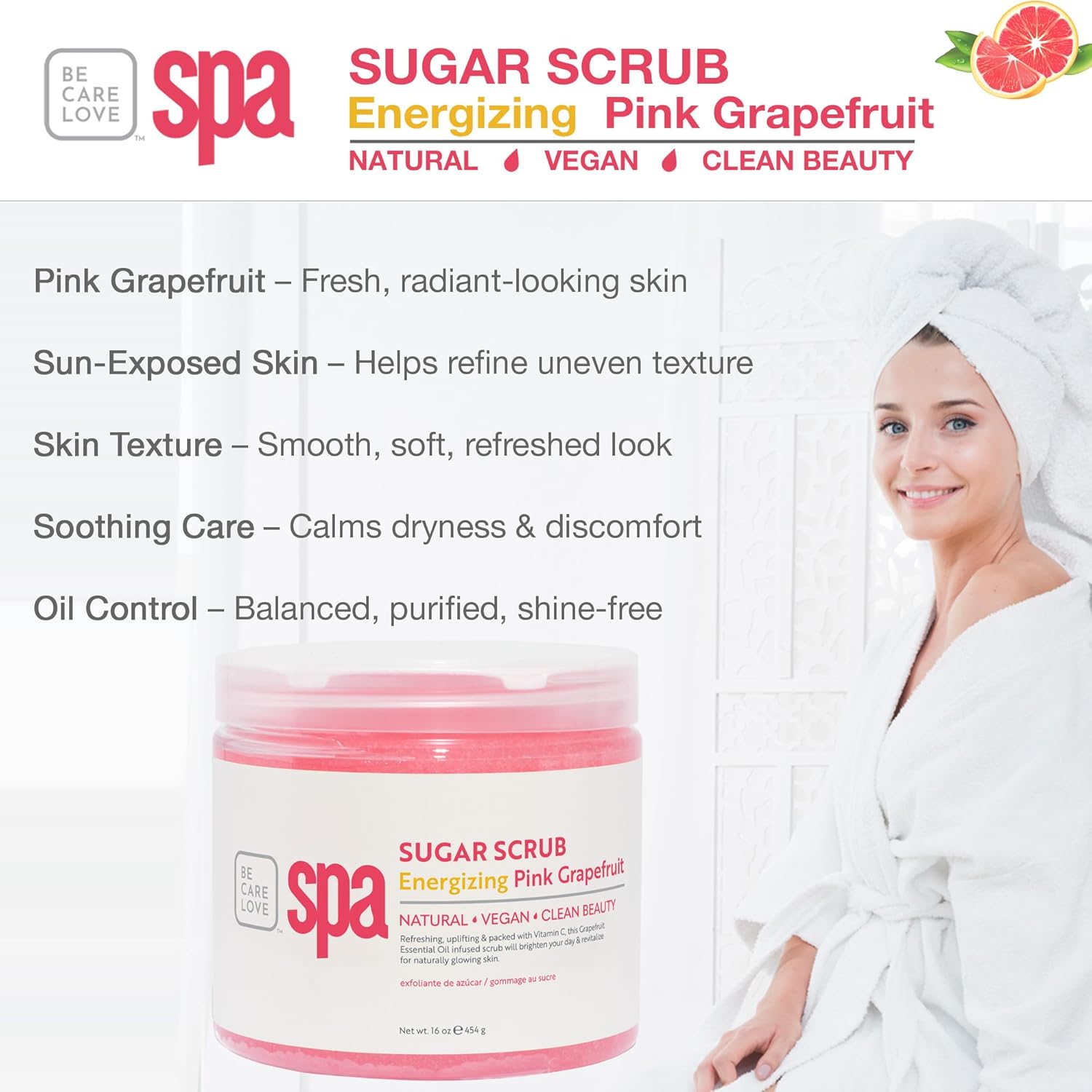 BCL Spa Energizing Pink Grapefruit Sugar Scrub – Professional Exfoliating Body Scrub for Smooth & Glowing Skin, Made in USA, 16 oz