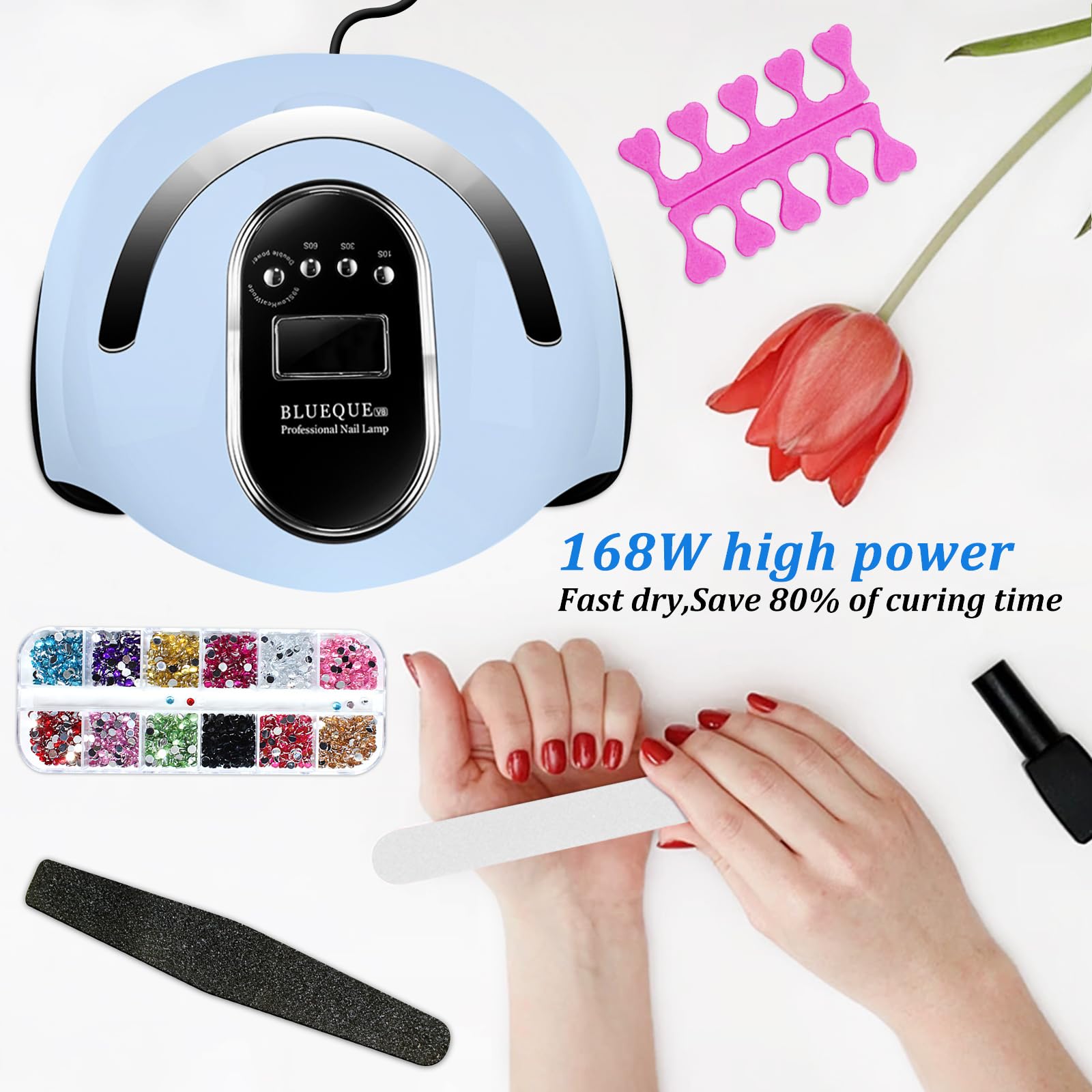 168W Lampe UV Sèche Ongles,UV LED Séchoir à Ongles Professionnel Automatique,10/30/60/99s,LCD Ecran,Capteur,Base Amovible,Portable Machine Ongle Gel Automatique pour Gel Vernis