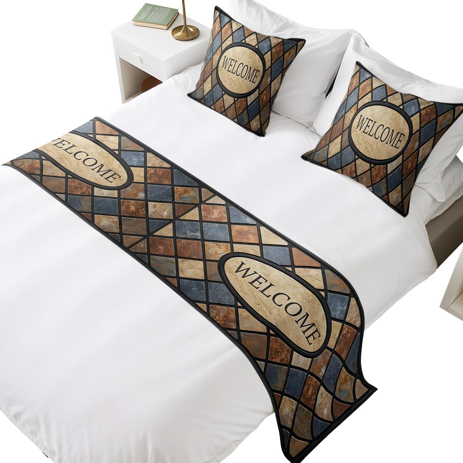 Bed Runner for Queen Size Bed, Stained Glass Decorative Beds Runners and 2 Matching Pillow Covers Set, Vintage Farmhouse Diamonds Geometric Beds Scarf Throw for Foot of Bedding Set for Hotel/Bedroom