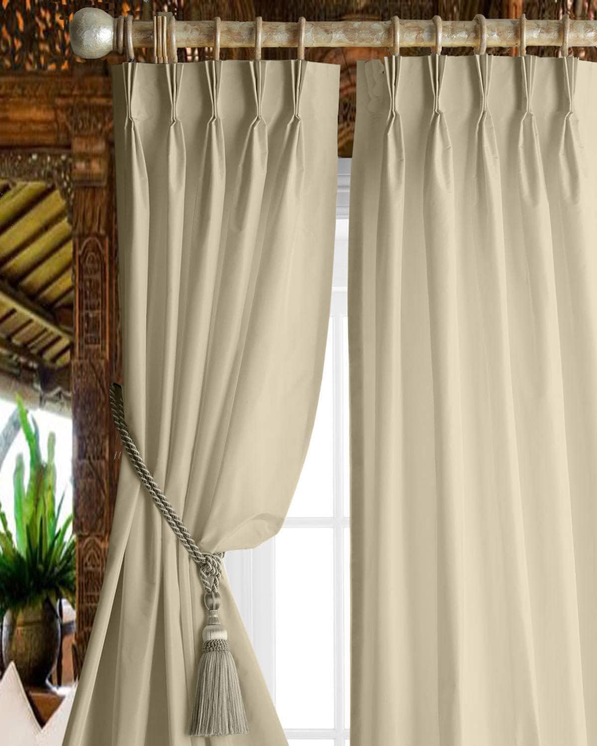 Triple Pinch Pleated Blackout Curtains Thermal Insulated Room Darkening Curtains for Bedroom/Livingroom Pack of 2 Panels, Tiebacks, Hooks (Beigee)