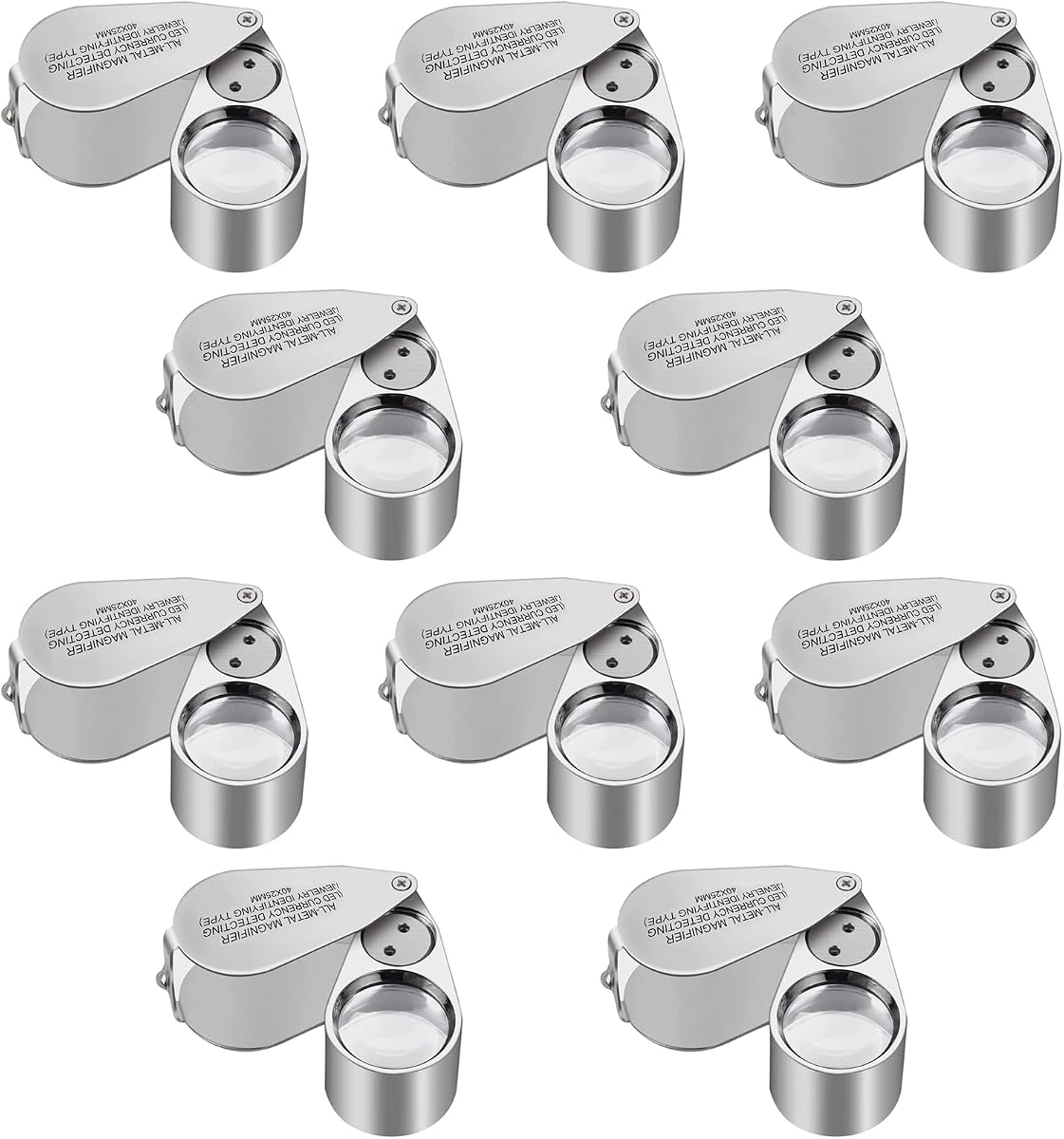 Paquete de 10 lupas de bucle de joyería completamente iluminadas de metal 40X, lupa plegable de bolsillo XYK para joyeros con lupa de ojos con LED(detección de moneda LED/identificación de joyas)