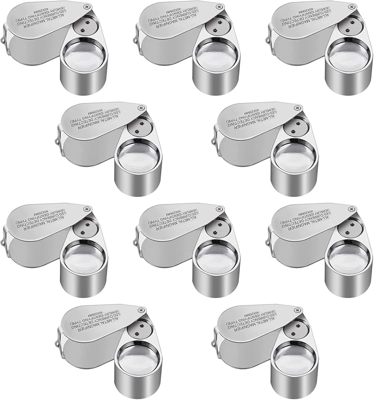 10 Pack 40X Full Metal Illuminated Jewelry Loop Magnifier, XYK Pocket Folding Magnifying Glass Jewelers Eye Loupe with LED(LED Currency Detecting/Jewelry Identifying)