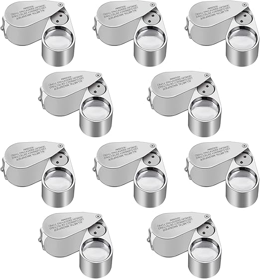 10 Pack 40X Full Metal Illuminated Jewelry Loop Magnifier, XYK Pocket Folding Magnifying Glass Jewelers Eye Loupe with LED(LED Currency Detecting/Jewelry Identifying)