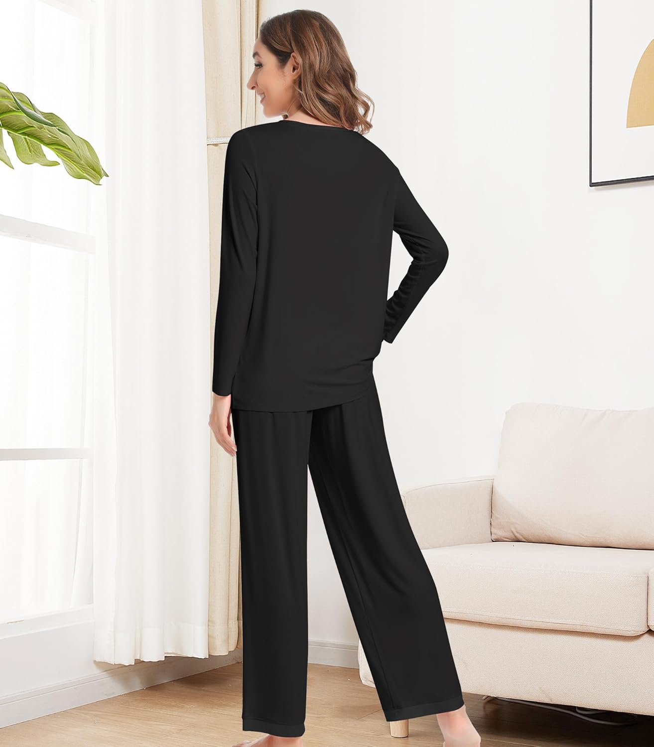 NACHILA Women's Pajamas Set-Viscose Made from Bamboo,Long Sleeve Sleepwear V Neck Pjs Top with Pants Comfy Pajama