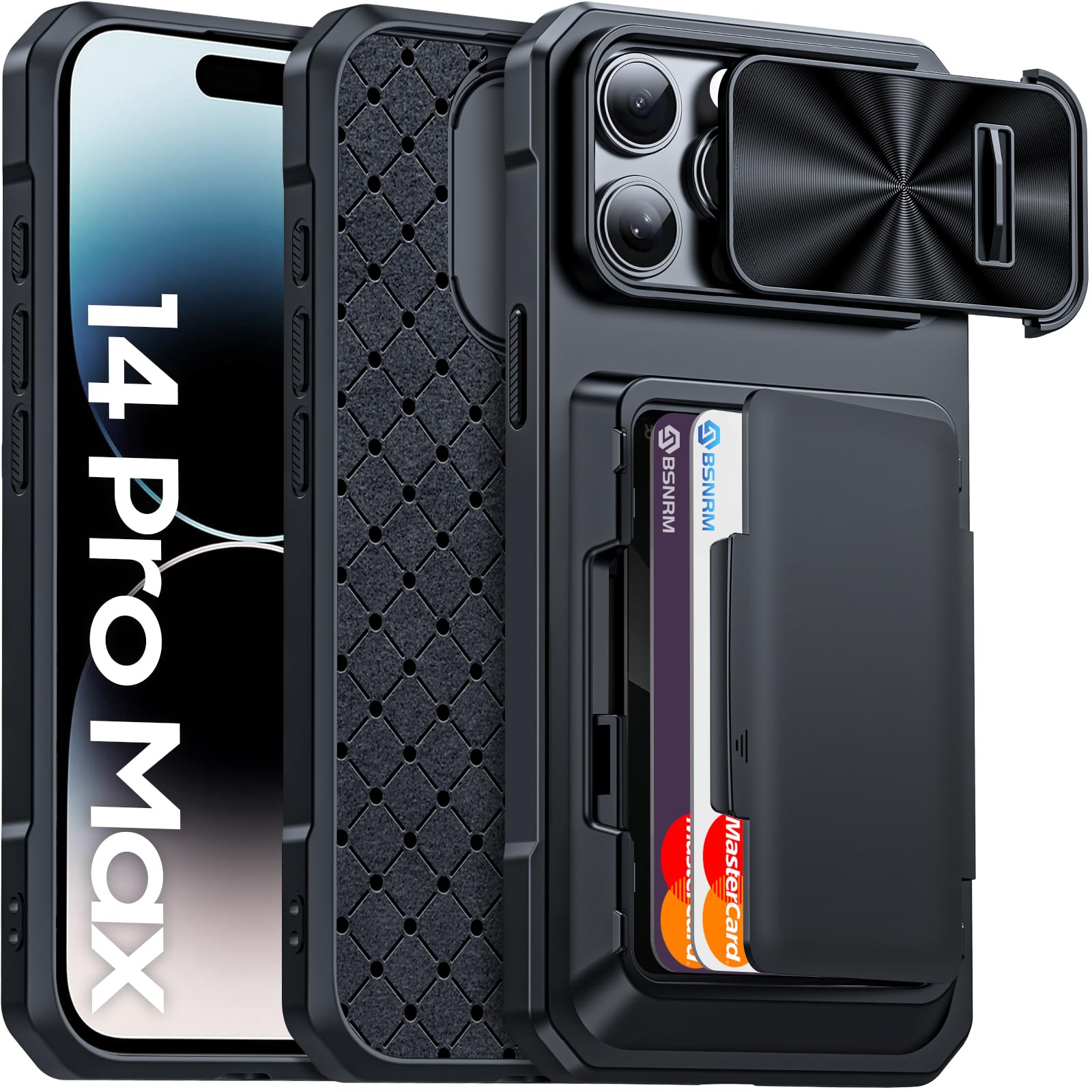for iPhone 14 Pro Max Case Wallet, Hidden Card Holder (4 Cards), Pop-up Camera Cover, Military Grade Protection, Durable Kickstand Heavy Duty Men