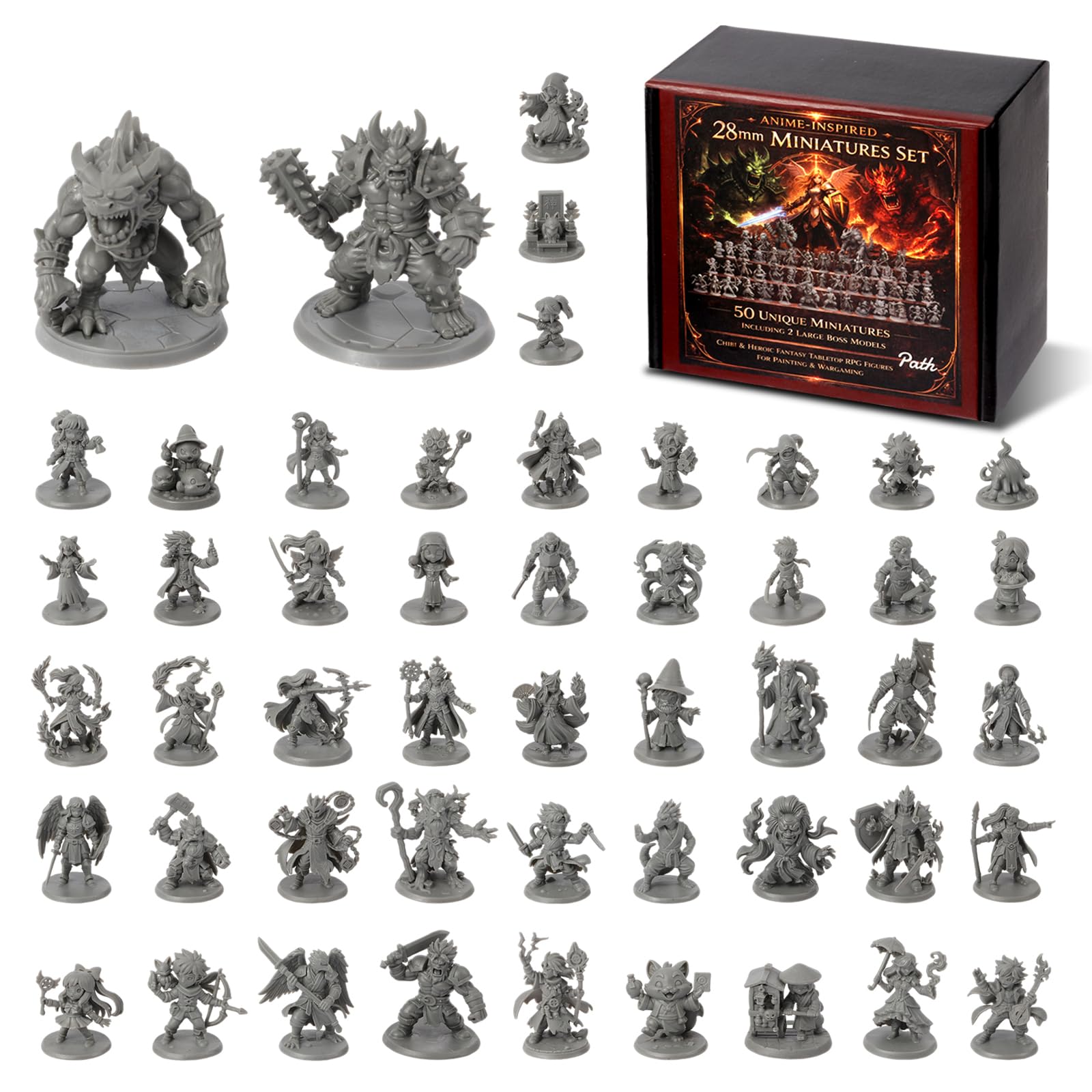 50 figure fantasy uniche per miniature DnD, eroi, NPC, mini Dungeons and Dragons ispirati agli anime da 28 mm, mini figurine da tavolo non verniciate, compatibili con Pathfinder, accessori D&D