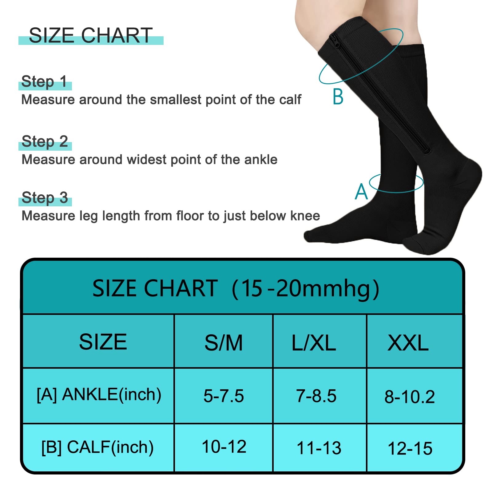 2 pares de calcetines de compresión con cremallera, 15-20 mmHg, calcetines de compresión de punta cerrada con cremallera para mujeres y hombres