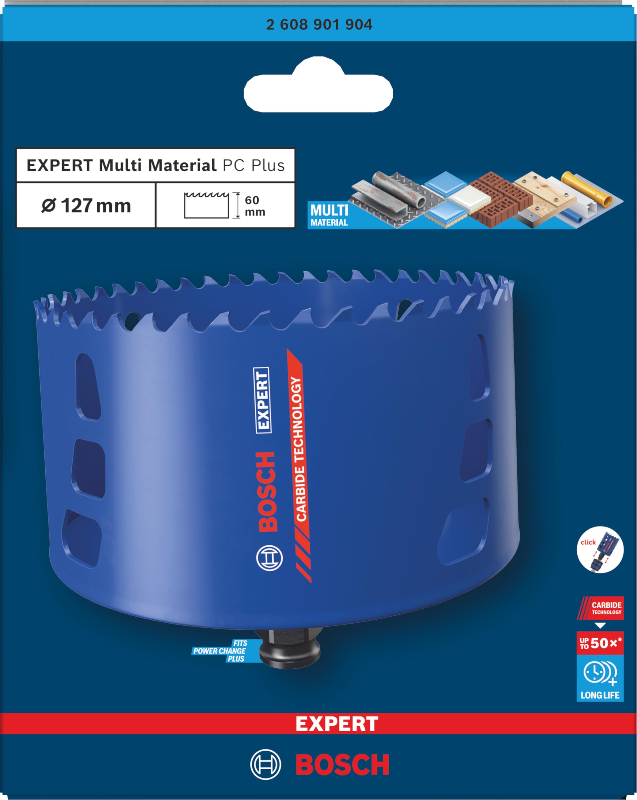 Bosch 1x Sega a tazza EXPERT Multi Material Power Change Plus (per Legno con metallo, Mattone, Ø 127 mm, Professional Accessorio Trapanoi)