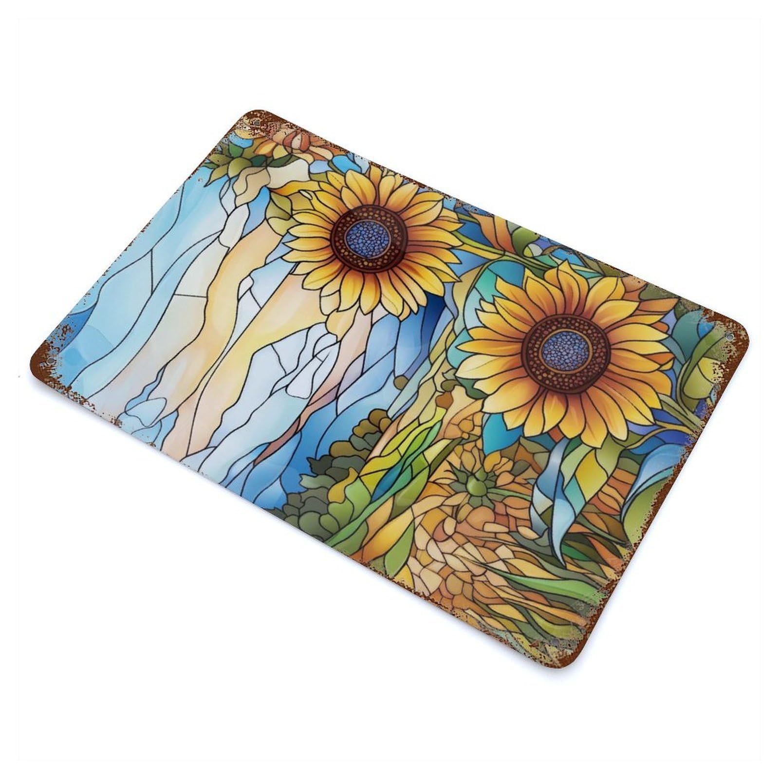 Distressed Metal Wall Sign Stained Glass Sunflowers 11.8"x7.9", Retro Wall Decor for Basement, Hobby Room And Garage Decor