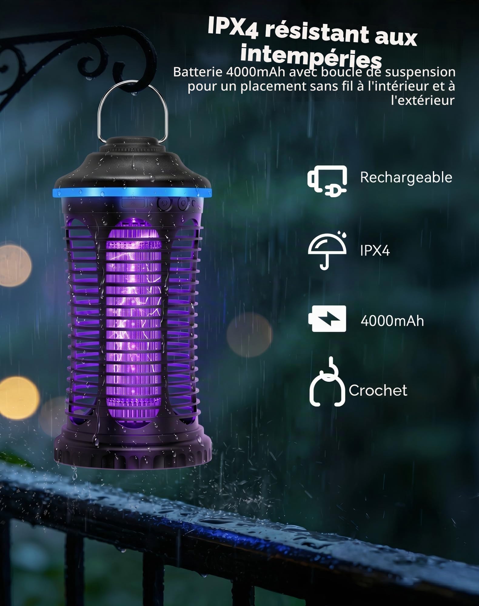 Lampe Anti Moustique, 4000 mAh Portable Rechargeable, Protection IP4X, contrôle USB, Tueur D'Insectes, Piège à Mouches Électrique boîtiers, Noir