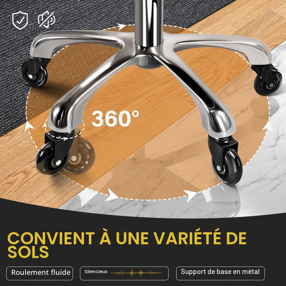 WKWKER Tabouret de beauté robuste sur roulettes avec siège pivotant réglable en cuir épais pour cuisine, bureau, laboratoire de dessin, massage - Noir