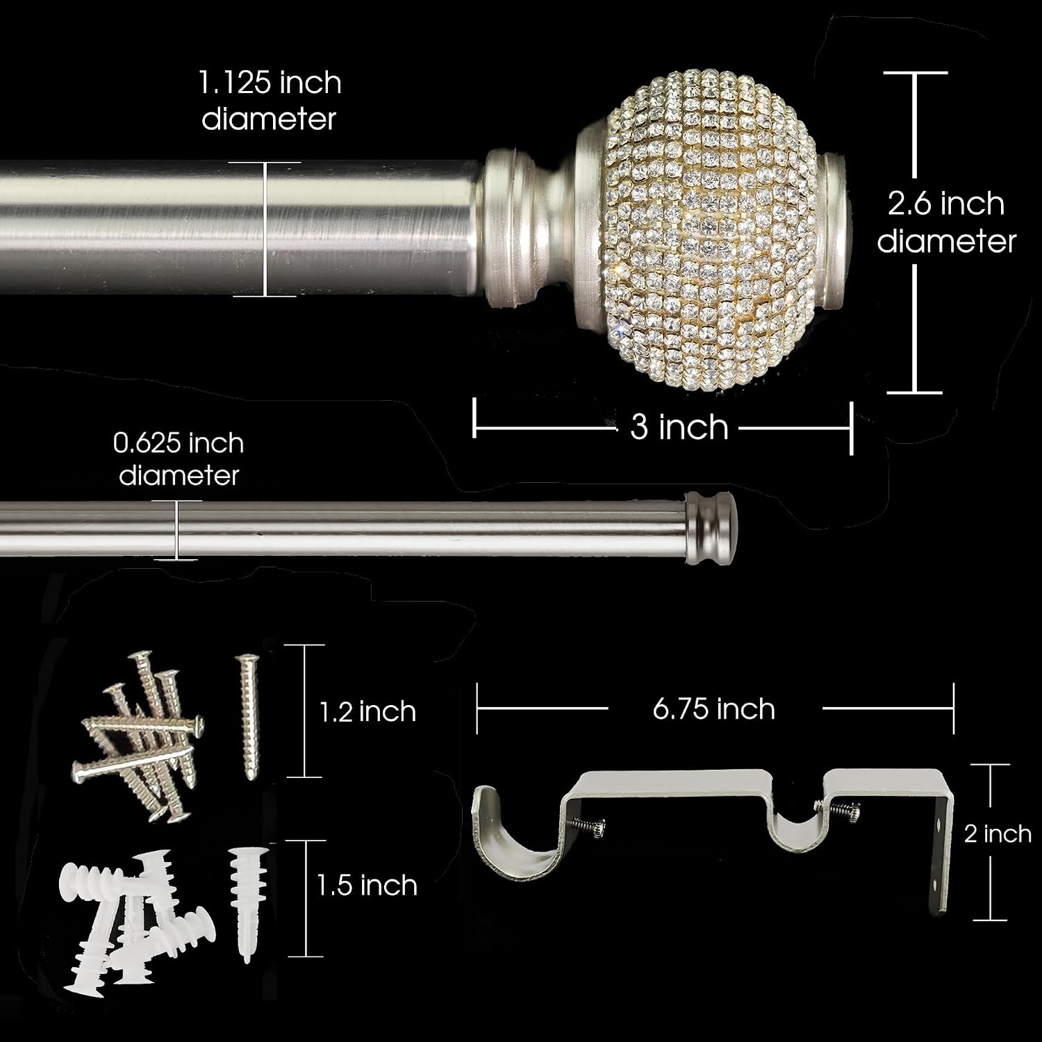 1-1/8 Inch Diameter Brushed Silver Curtain Rod with Rhinestone Finials, 36-72'' Telescoping Double Curtain Rods for window width 24-68 inch, 1 pack