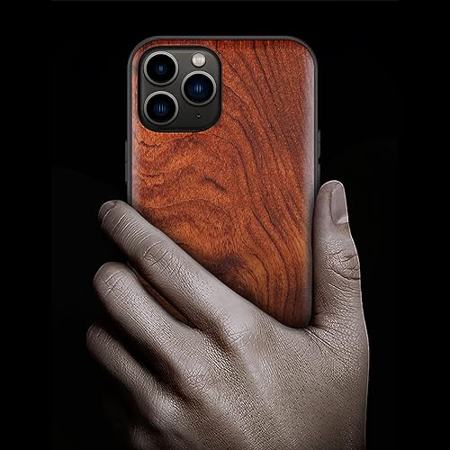 Miniatura 2 de Carveit Funda de madera para iPhone 11 Pro Max madera real dura y TPU suave negro a prueba de golpes, funda protectora única y elegante de madera