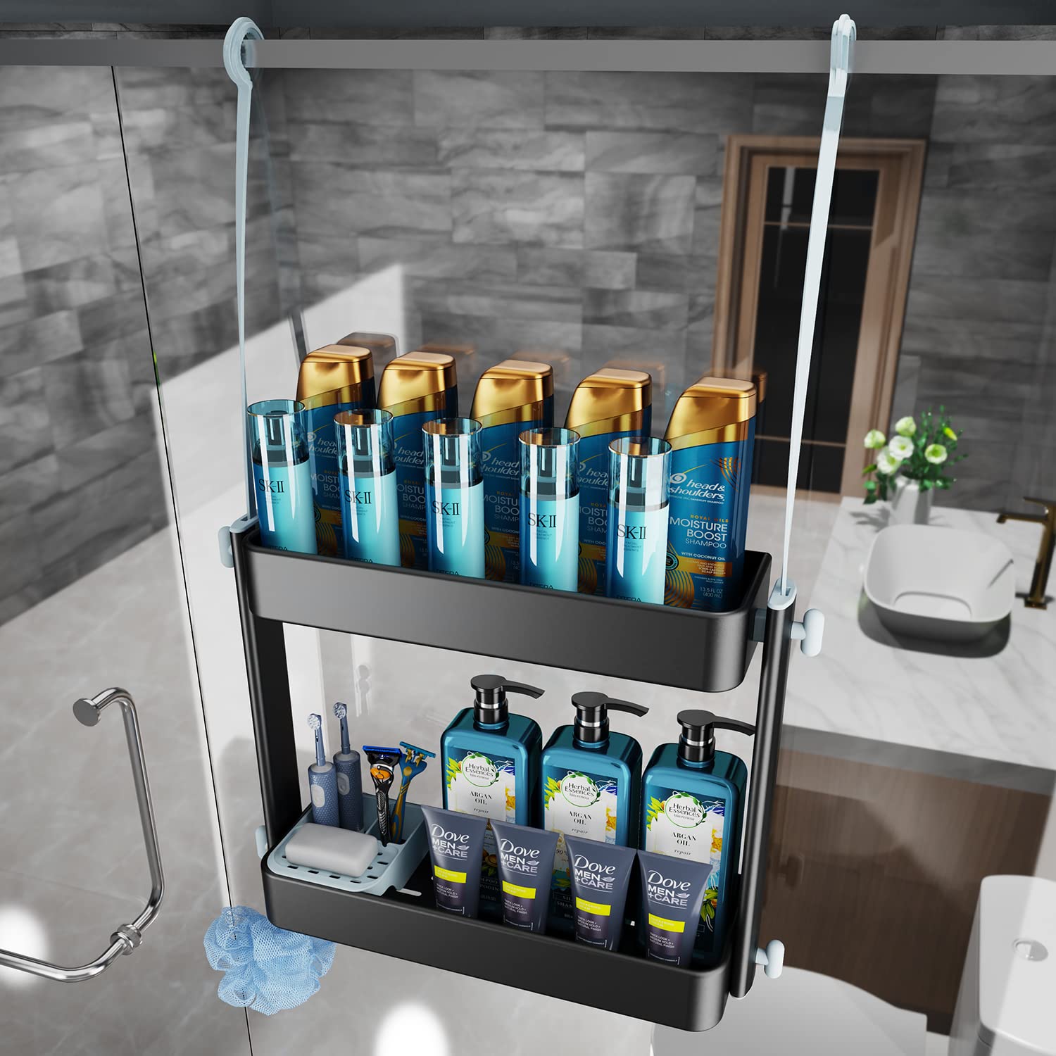 ADOVEL Shower Caddy Hanging, 2 in 1 Shower Caddy Over Shower Head/Door