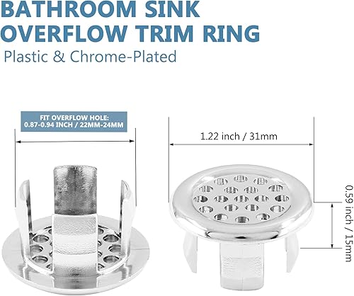Miniatura 3 de Qjaiune Paquete de 3 anillos de desbordamiento para fregadero de baño, cubierta de drenaje de desbordamiento cromado galvanizado, cubierta redonda
