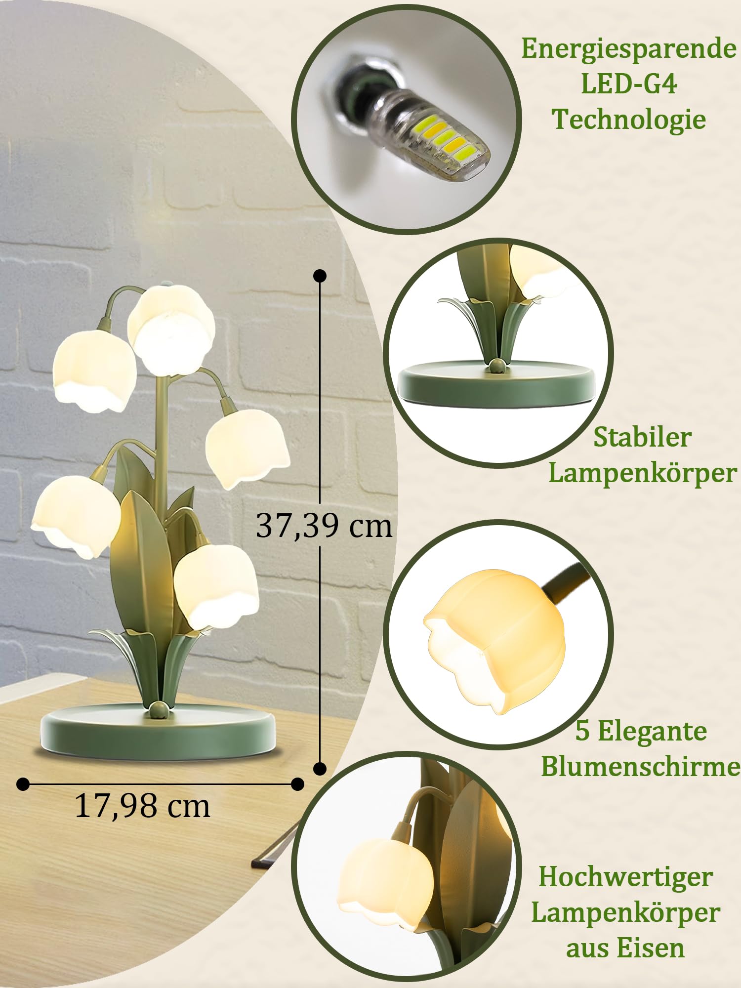Blume Tischlampe, 5 Lilien Nachttischlampe, Vintage Grüne Tischlampen | 3 Lichtfarben, 5 G4-LEDs inklusive und stabiler Eisenfuß, Perfekt für Schlafzimmer, Wohnzimmer, Büro, Wohnkultur