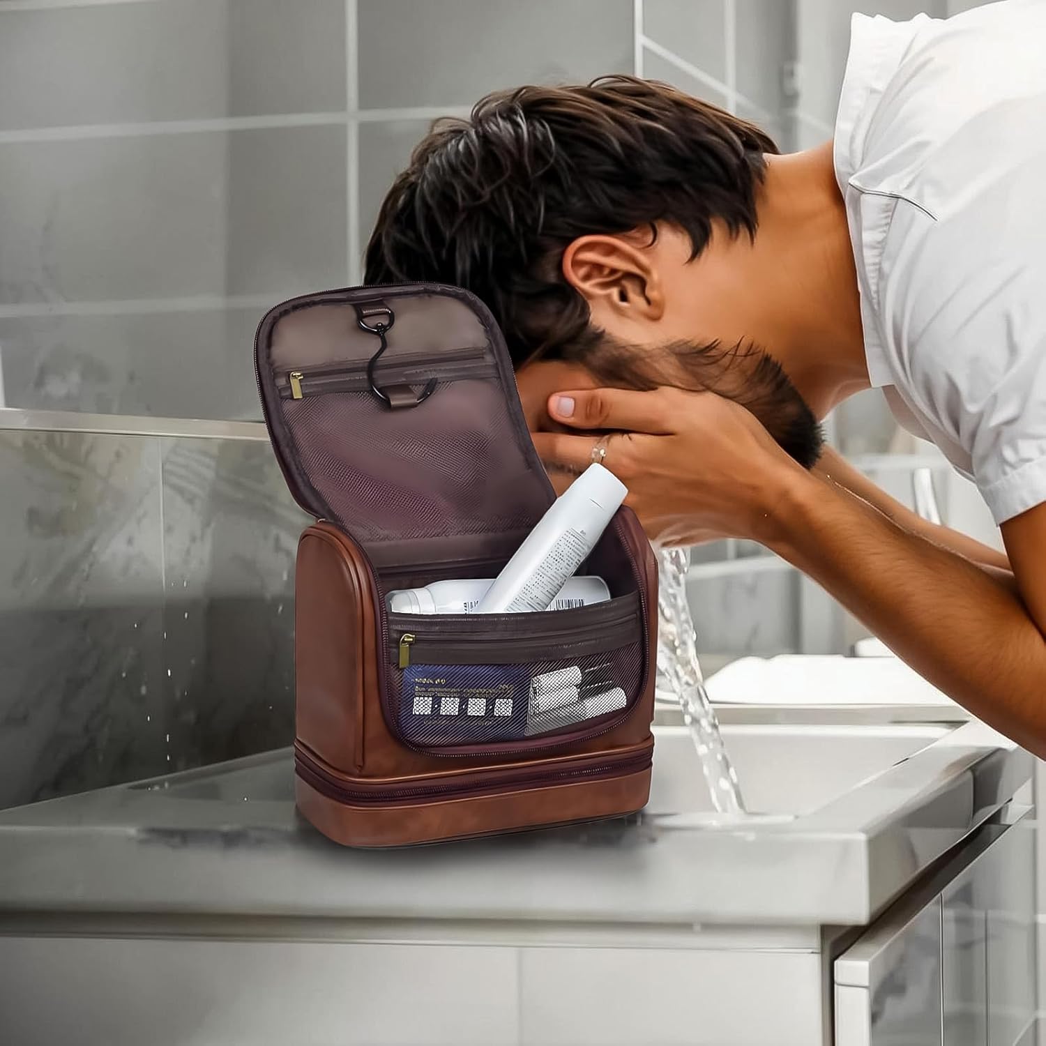 Personalized Hanging Toiletry Bag for Men, Large Capacity PU Leather Vintage Color Travel Dopp Kit, Gifts for Dad Husband Boyfriend Groomsmen, Engraved Custom Name, Birthday Xmas Wedding (Syle 4)