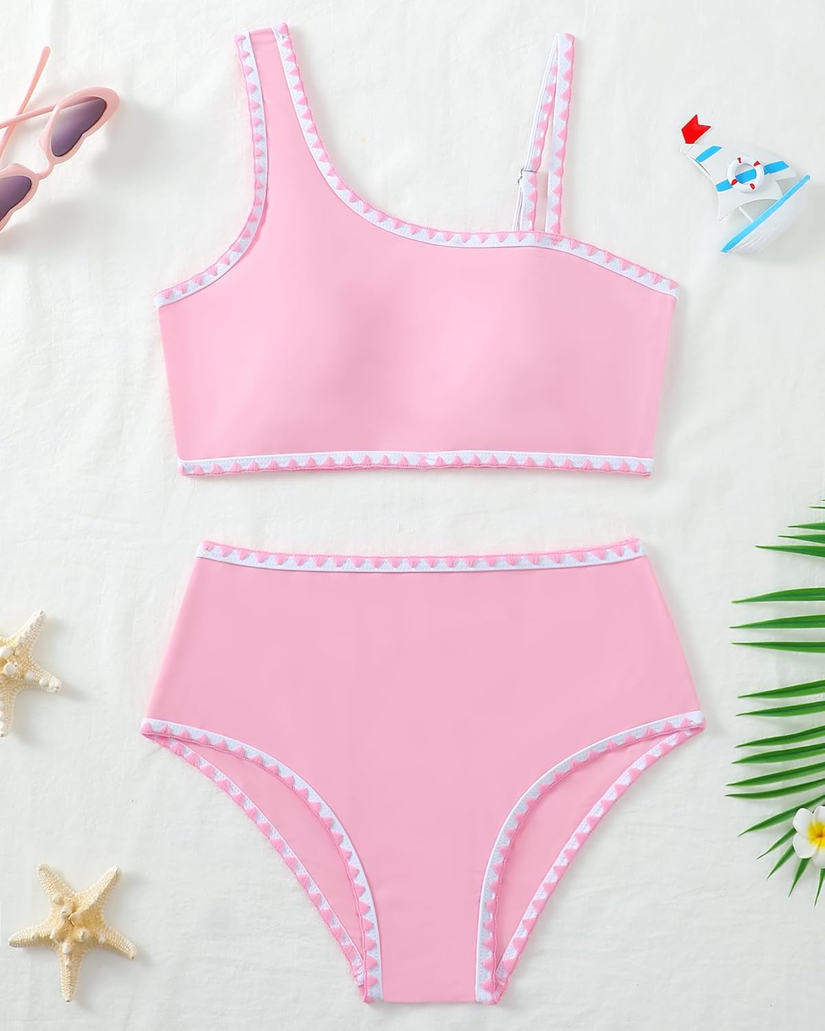 Girls Swimsuit 2 Piece Bikini Set Contrast Trim Bathing Suit Padded Solid Color Swimwear with Adjustable Strap 7-16Y