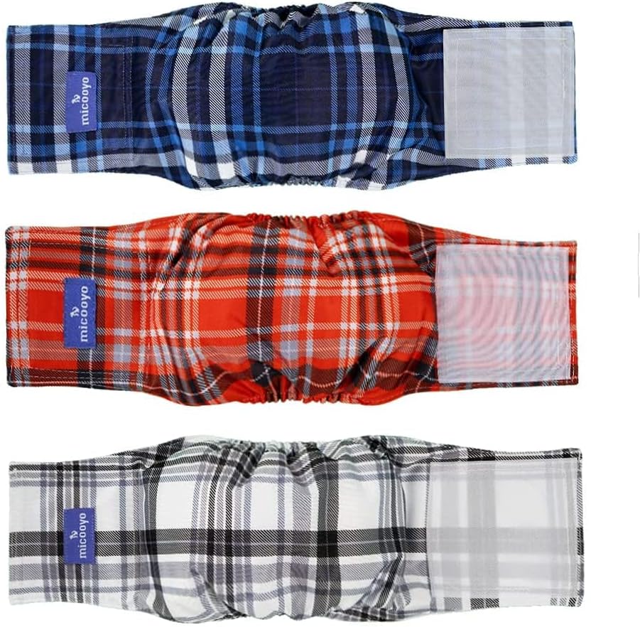 MICOOYO Washable Belly Bands for Male Dogs | Reusable Doggie Diapers | Absorbent Doggy Wraps with Adjustable Fastener - Medium (Pack of 3, Plaid Red & Blue & Grey)