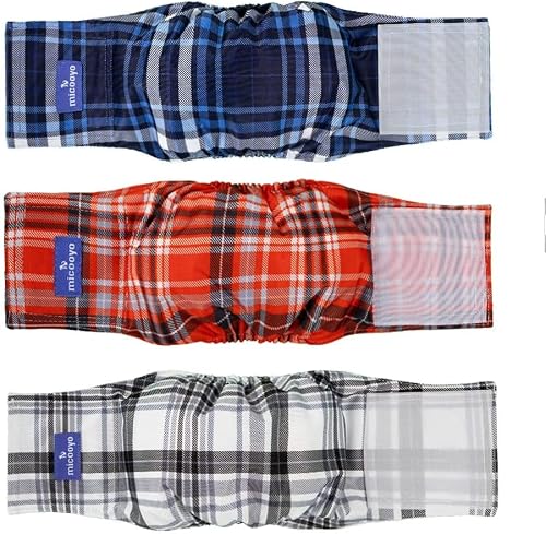 MICOOYO Washable Belly Bands for Male Dogs | Reusable Doggie Diapers | Absorbent Doggy Wraps with Adjustable Fastener - Medium (Pack of 3, Plaid Red & Blue & Grey)